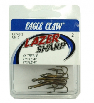Eagle Claw - Lazer Sharp Treble Hooks, Size 2 - 5 pack - $2.95 - L774G-2 